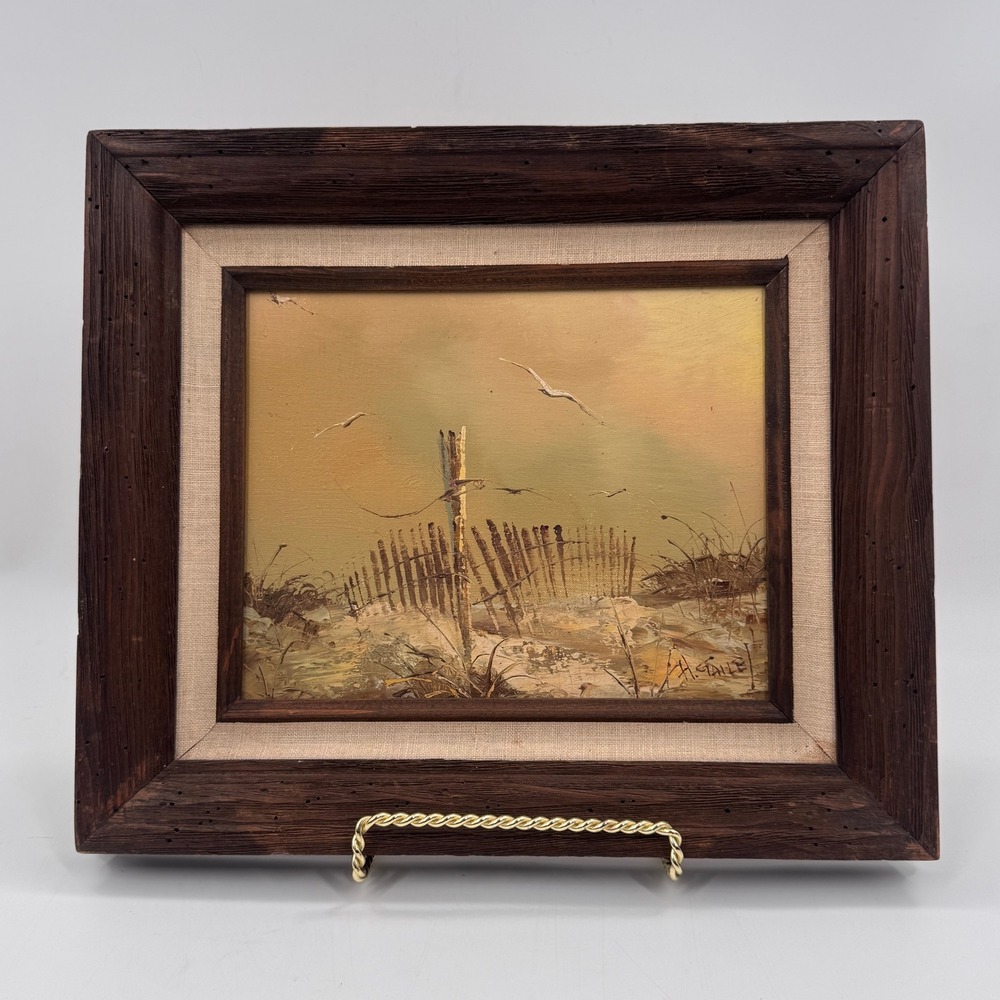 Vintage Coastal Dune Oil Painting Signed H. Gailey Rustic Wood Frame 15x13